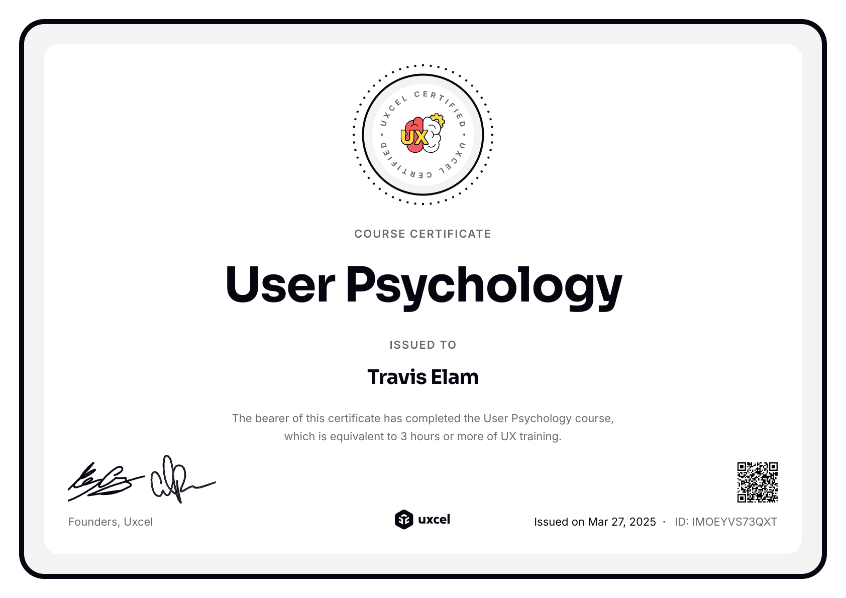 Travis Elam's certificate